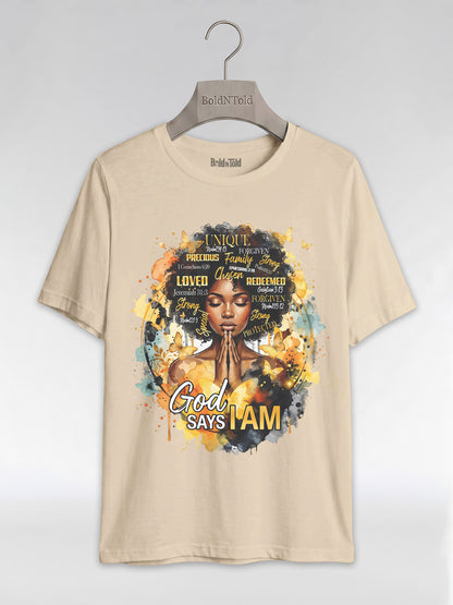 God Says I Am: Black Queen Christian Affirmations Graphic T-Shirt - BoldnTold