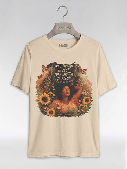 Free Enough To Rest: Juneteenth Floral Melanin Queen Graphic T-Shirt - BoldnTold