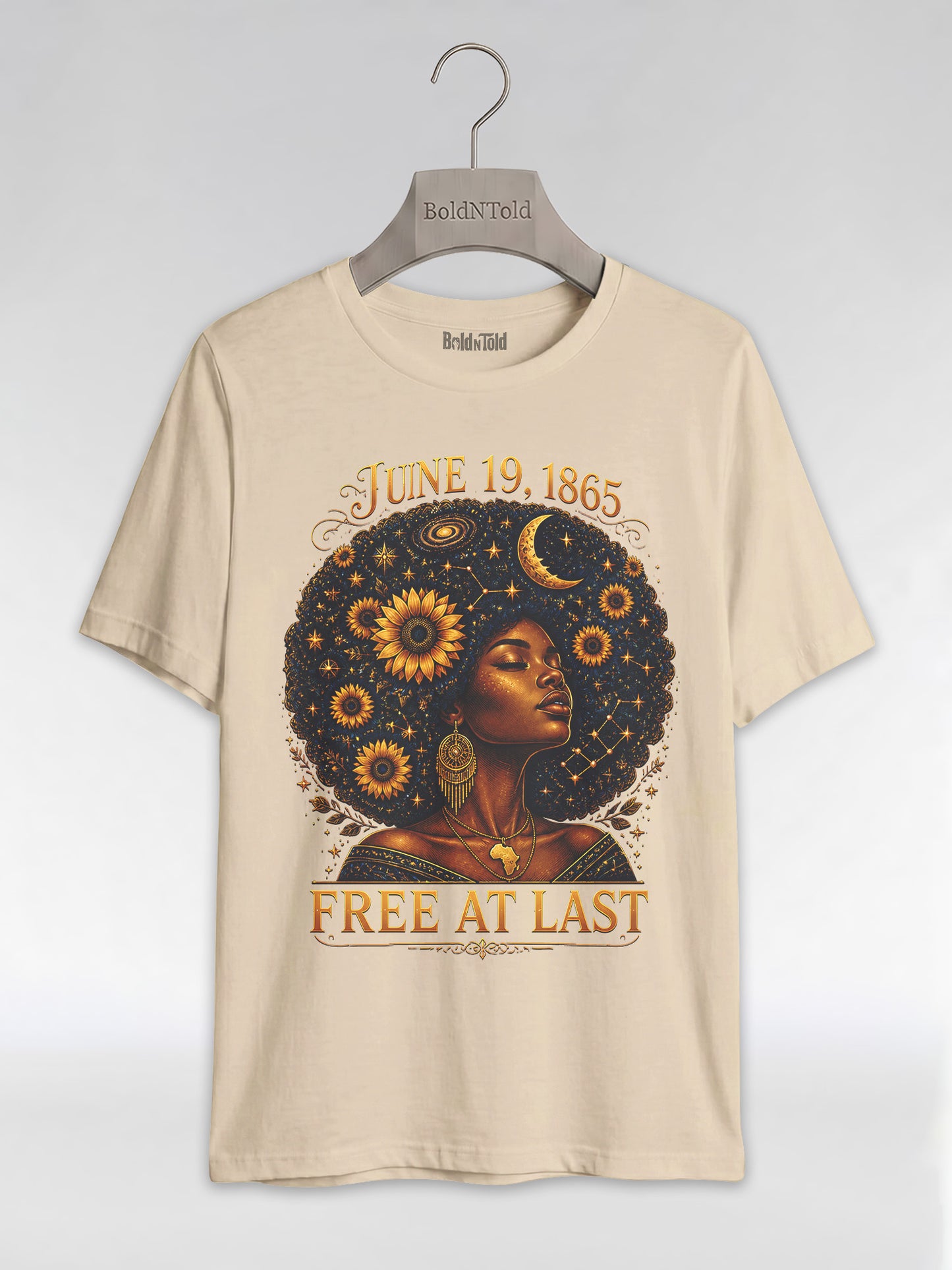 Free At Last Juneteenth: Celestial Afro Melanin Queen Graphic T-Shirt - BoldnTold