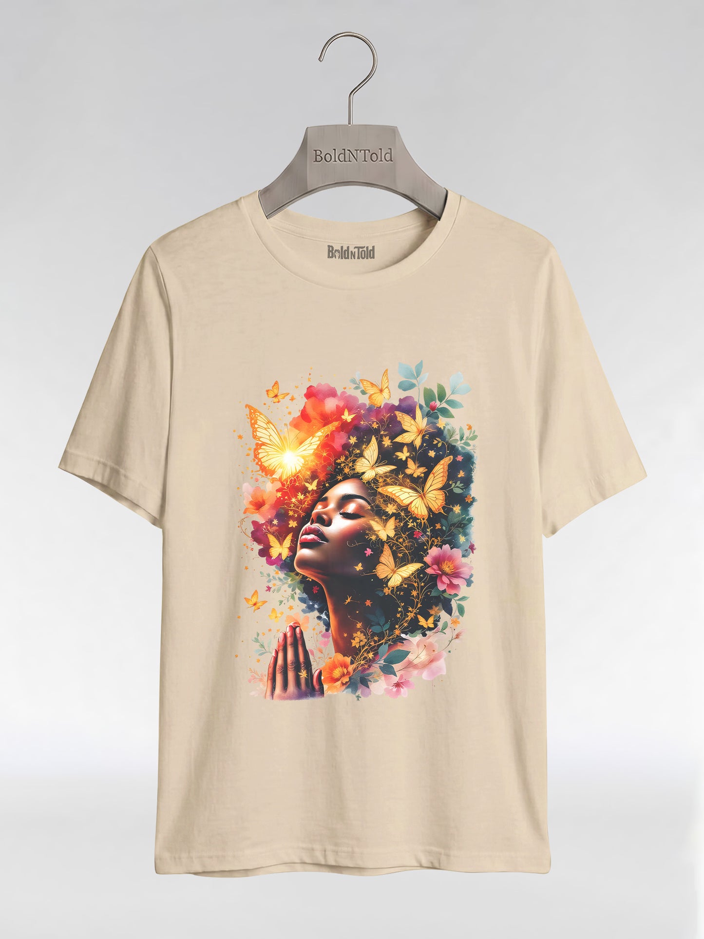 Praying Black Queen: Ethereal Floral Butterfly Graphic T-Shirt - BoldnTold