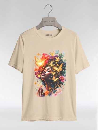 Praying Black Queen: Ethereal Floral Butterfly Graphic T-Shirt - BoldnTold