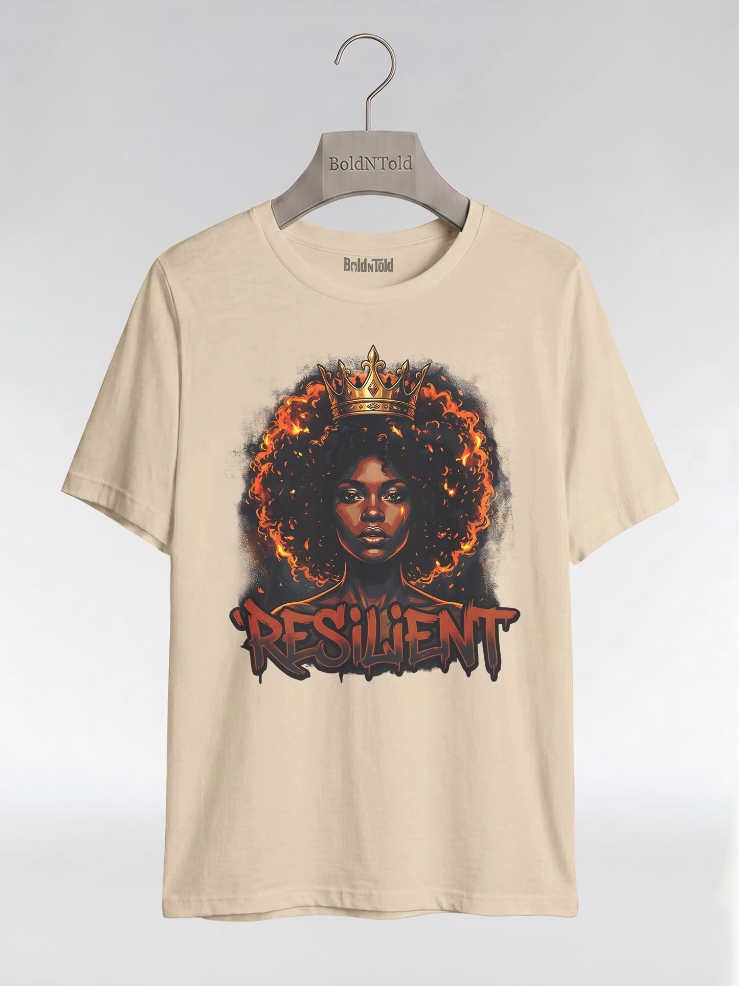 Resilient Black Queen: Fire Afro Crown Graphic T-Shirt - BoldnTold