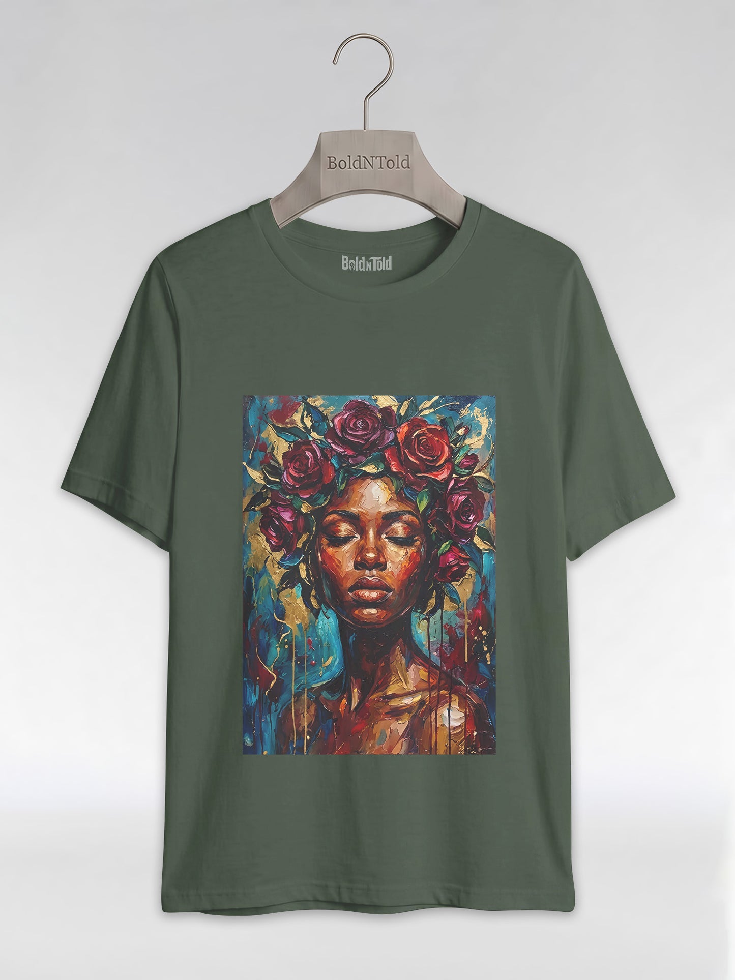 Painted Queen: Oil Painting Floral Black Woman Graphic T-Shirt - BoldnTold