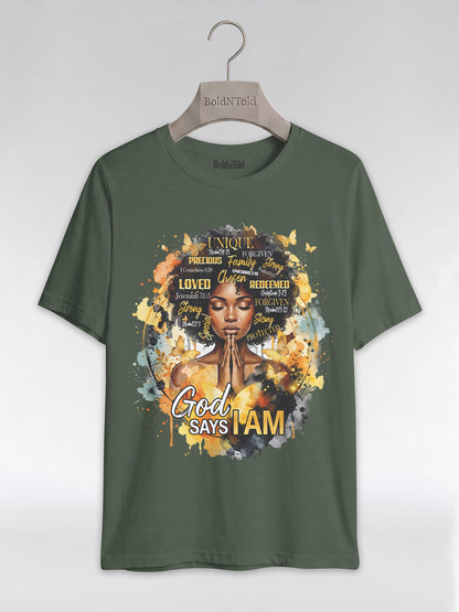 God Says I Am: Black Queen Christian Affirmations Graphic T-Shirt - BoldnTold