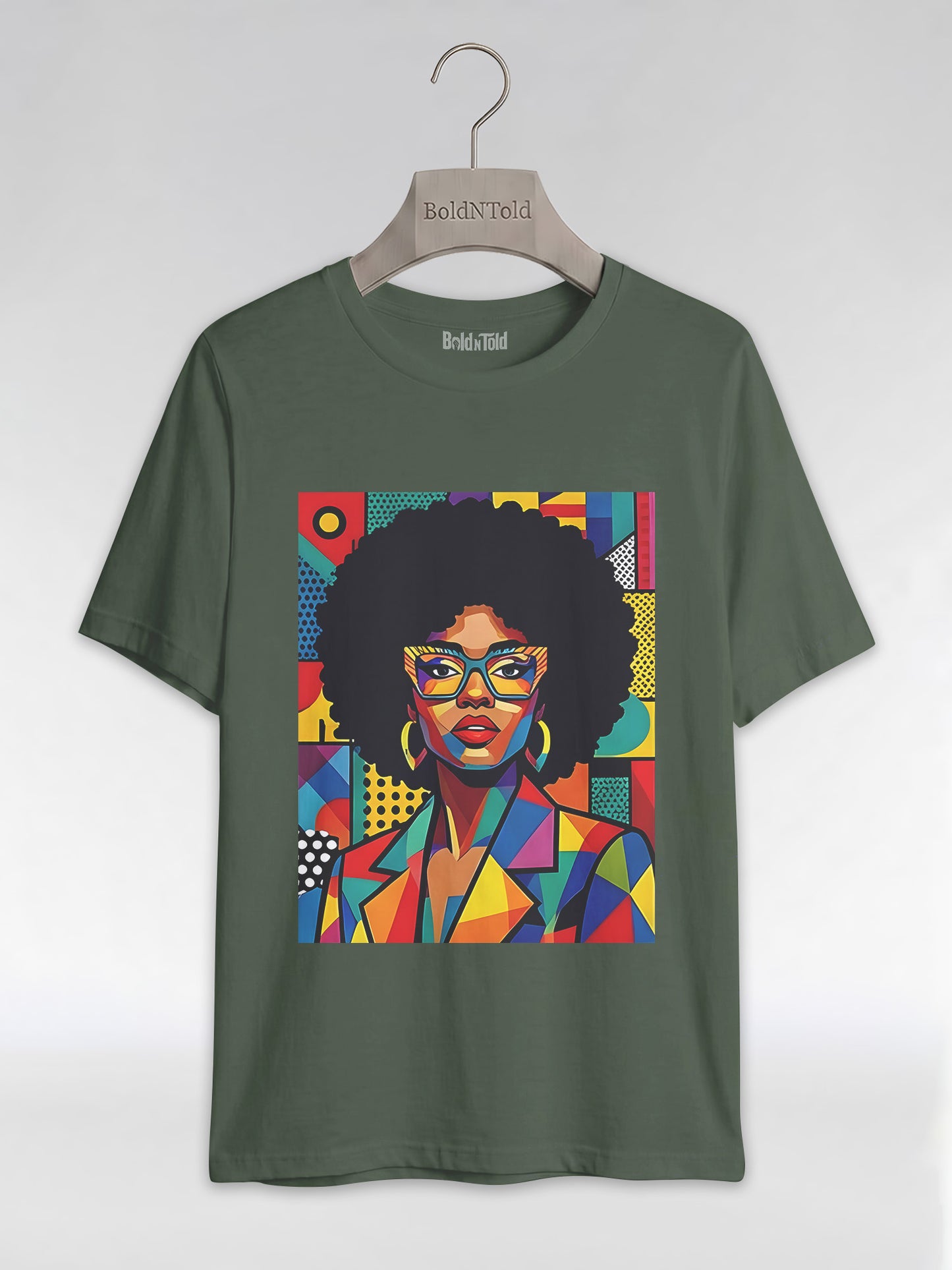 Black Queen Pop Art: Geometric Afro Portrait Graphic T-Shirt - BoldnTold