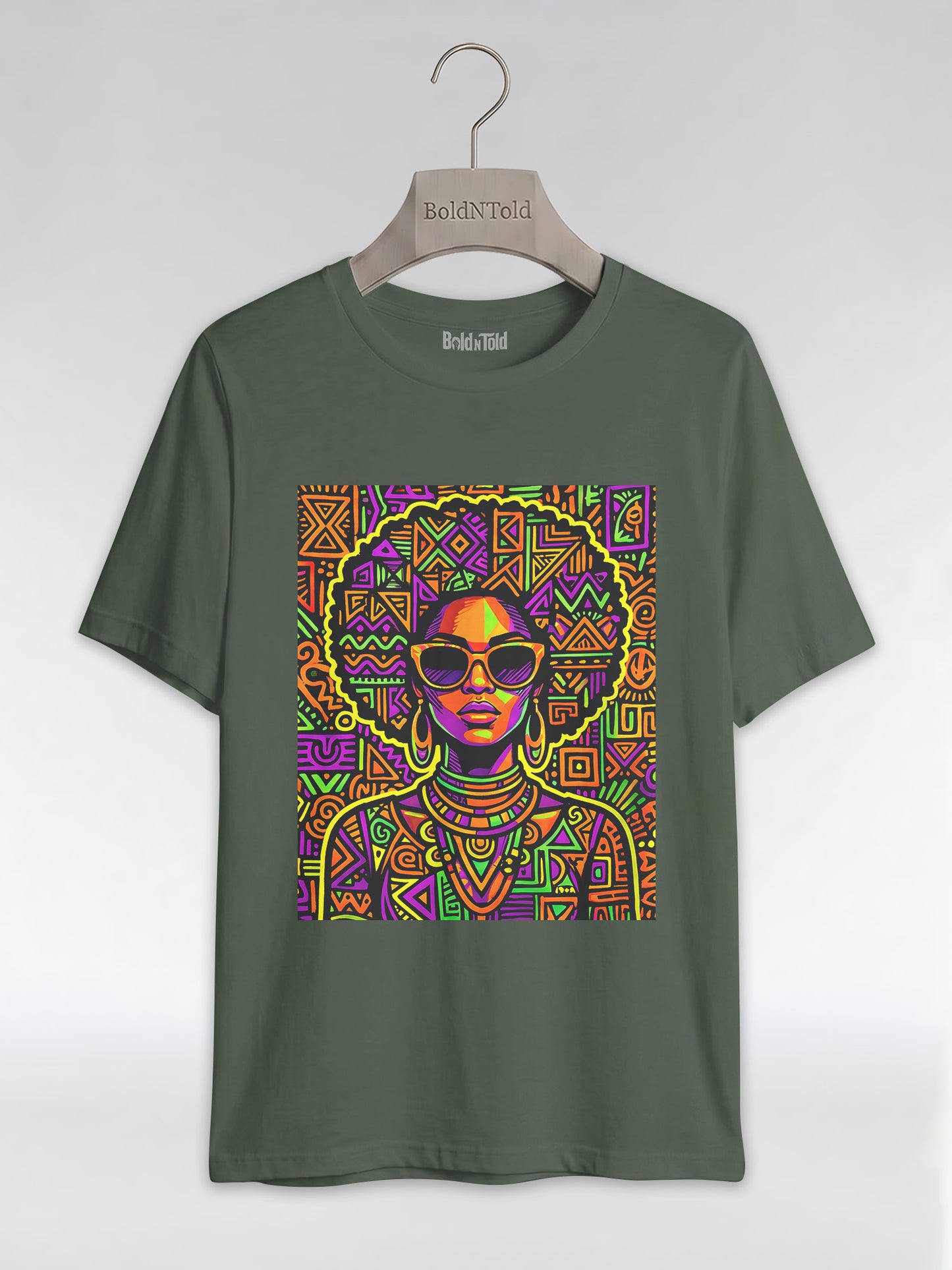 Neon Tribal Queen: Afrocentric Pop Art Black Woman Graphic T-Shirt - BoldnTold