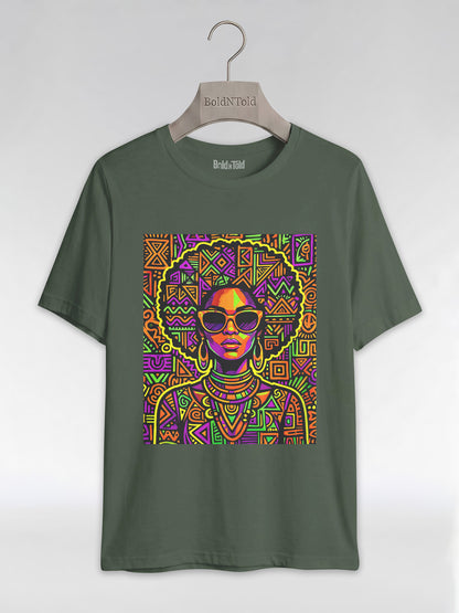 Neon Tribal Queen: Afrocentric Pop Art Black Woman Graphic T-Shirt - BoldnTold