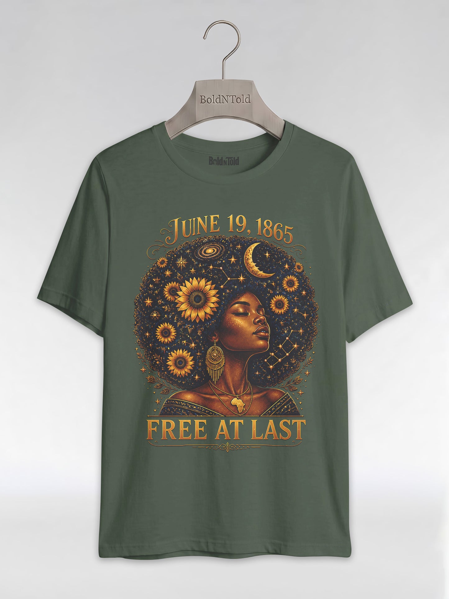 Free At Last Juneteenth: Celestial Afro Melanin Queen Graphic T-Shirt - BoldnTold