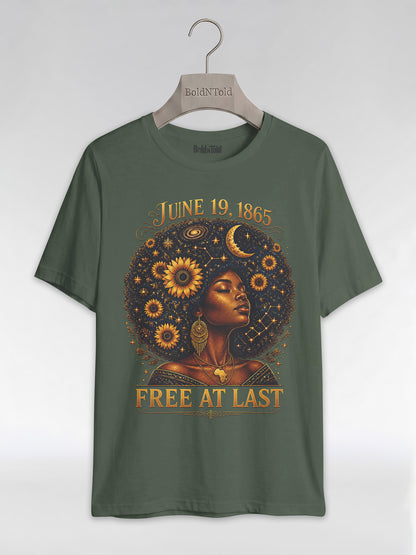 Free At Last Juneteenth: Celestial Afro Melanin Queen Graphic T-Shirt - BoldnTold