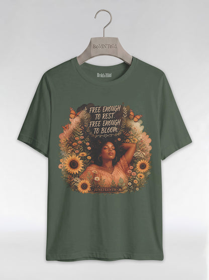 Free Enough To Rest: Juneteenth Floral Melanin Queen Graphic T-Shirt - BoldnTold