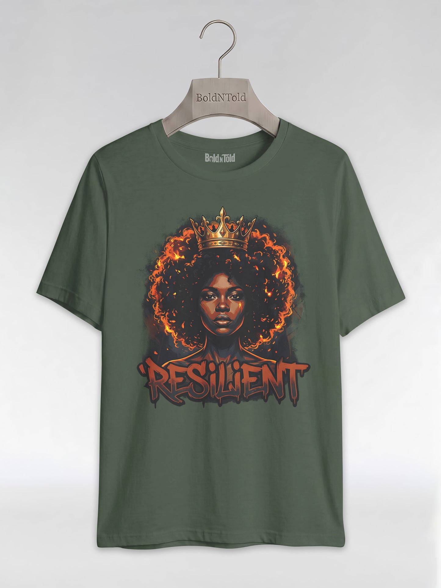 Resilient Black Queen: Fire Afro Crown Graphic T-Shirt - BoldnTold