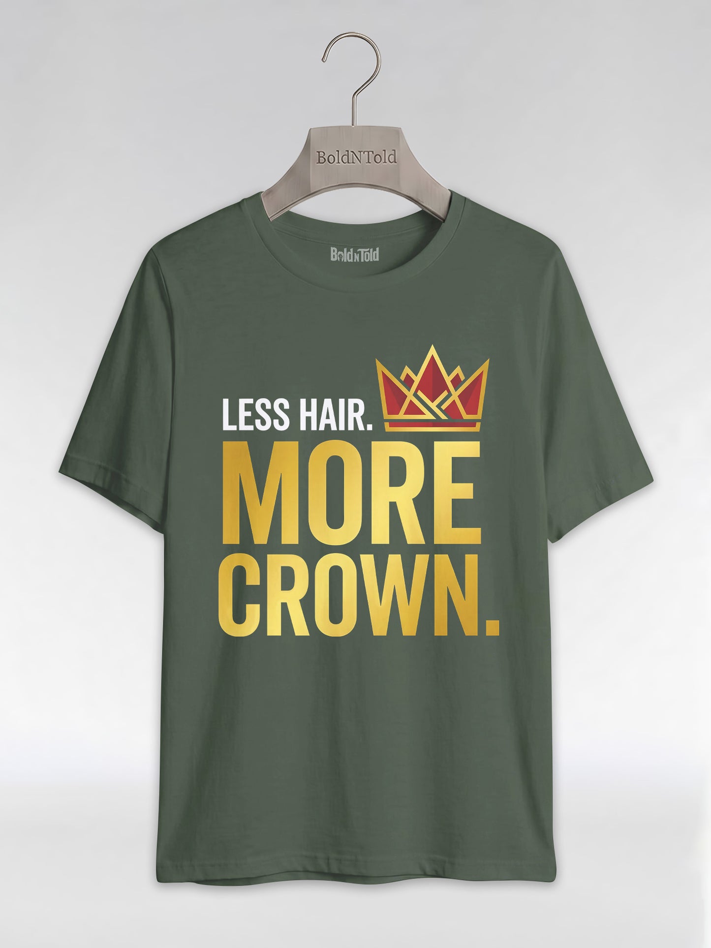 Bald & Proud: Less Hair More Crown Golden Typography Graphic T-Shirt - BoldnTold