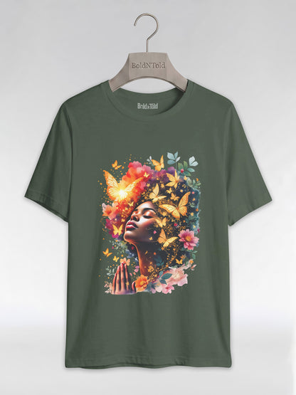 Praying Black Queen: Ethereal Floral Butterfly Graphic T-Shirt - BoldnTold