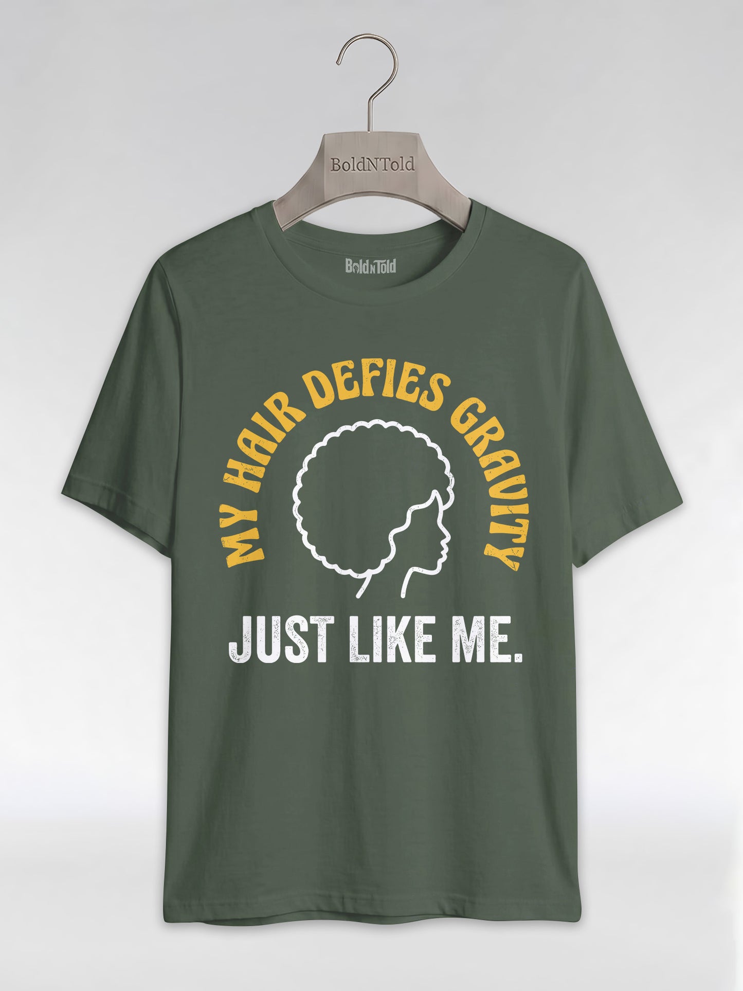 My Hair Defies Gravity Just Like Me: Black Girl Magic Afro Graphic T-Shirt - BoldnTold