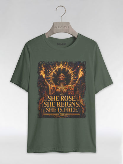 She Rose She Reigns She Is Free: Juneteenth Goddess Graphic T-Shirt - BoldnTold