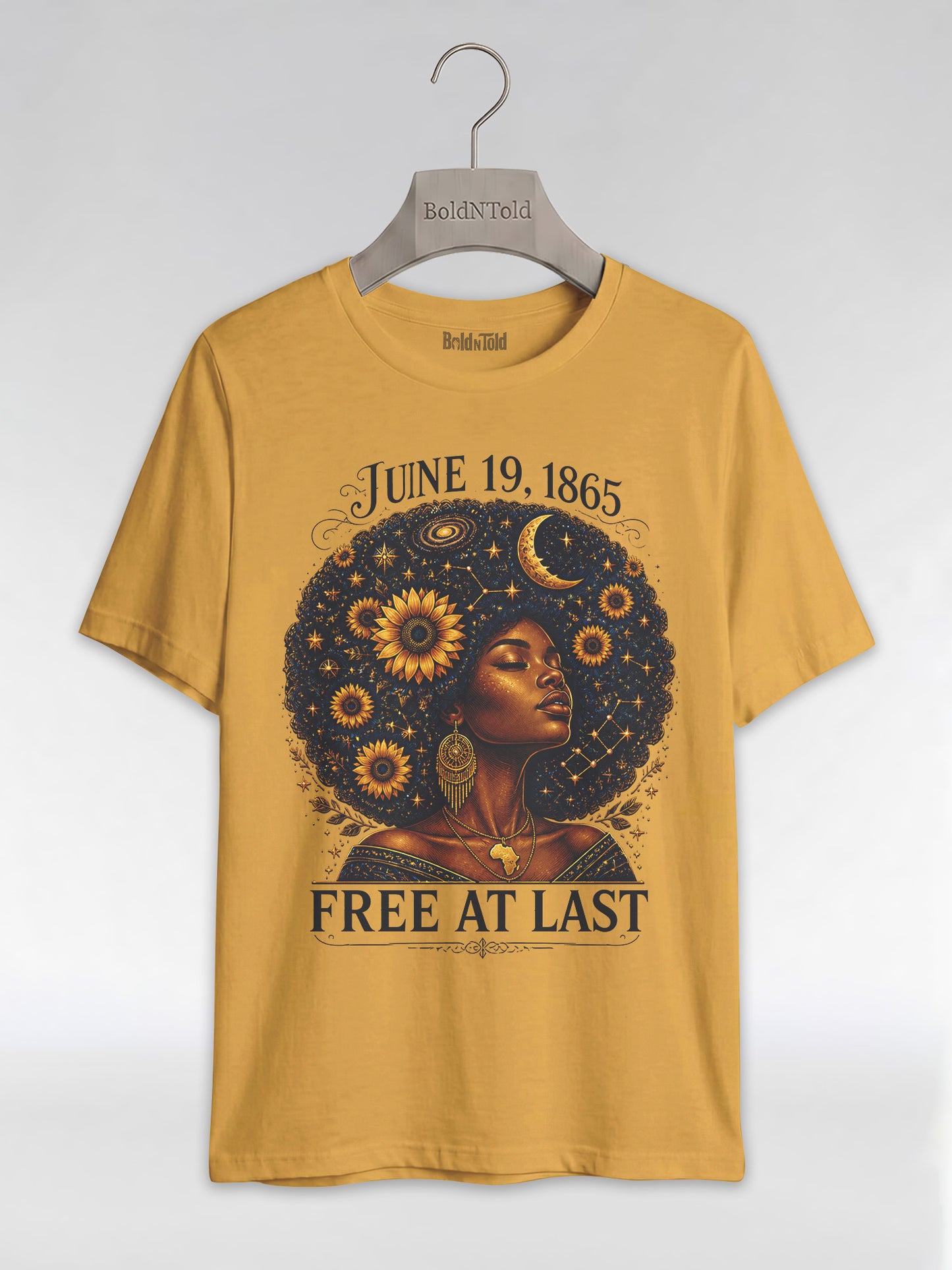 Free At Last Juneteenth: Celestial Afro Melanin Queen Graphic T-Shirt - BoldnTold