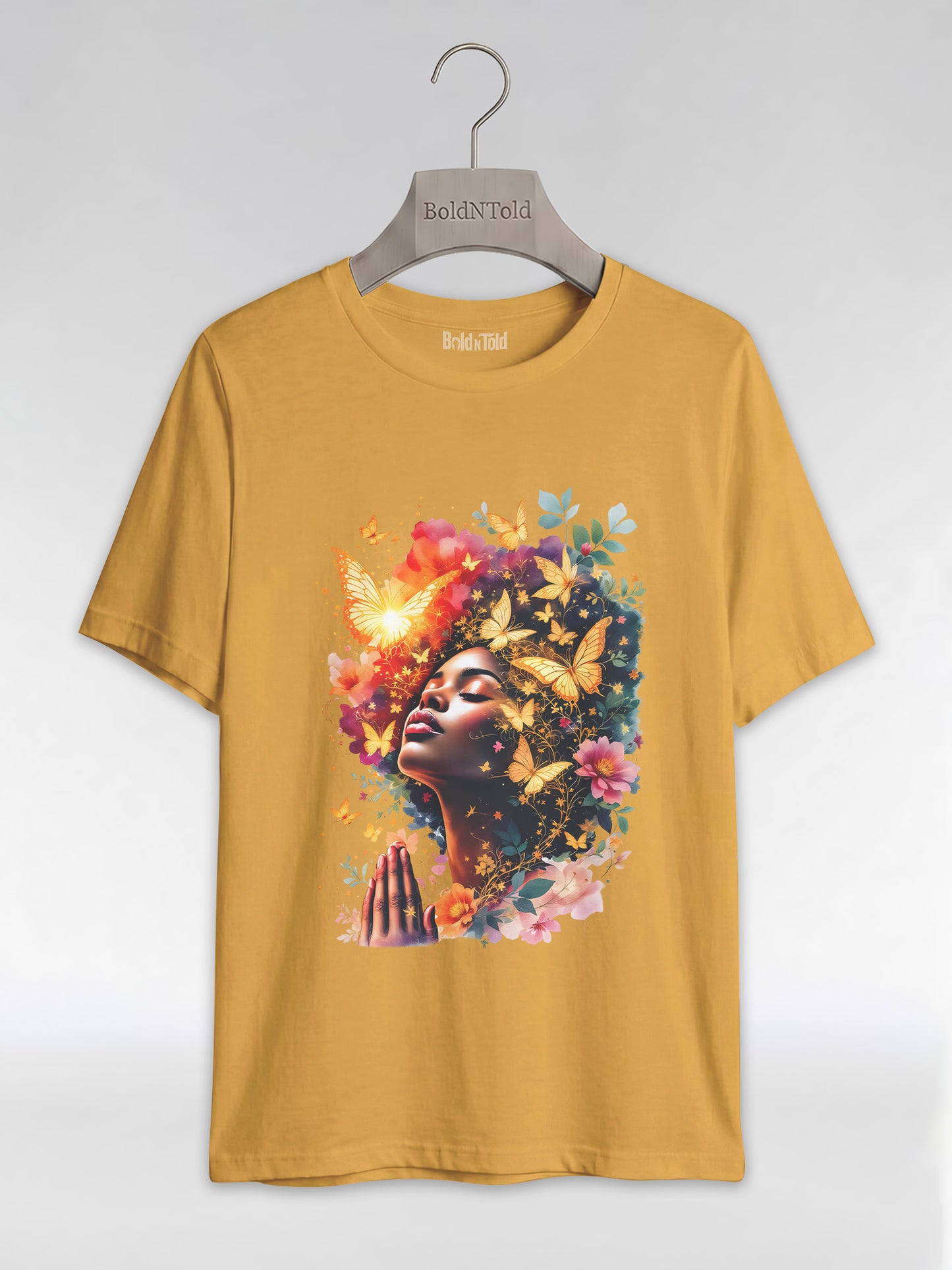 Praying Black Queen: Ethereal Floral Butterfly Graphic T-Shirt - BoldnTold