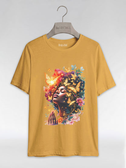 Praying Black Queen: Ethereal Floral Butterfly Graphic T-Shirt - BoldnTold