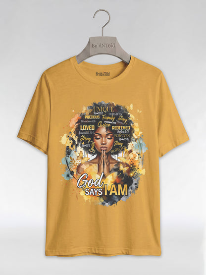 God Says I Am: Black Queen Christian Affirmations Graphic T-Shirt - BoldnTold