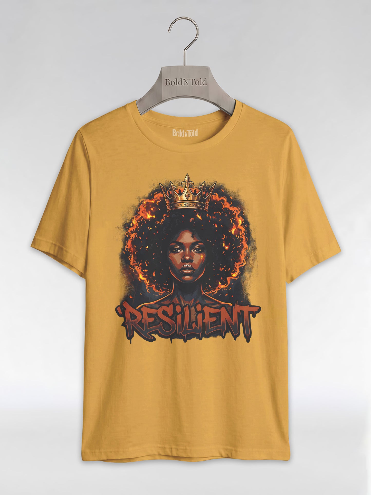 Resilient Black Queen: Fire Afro Crown Graphic T-Shirt - BoldnTold
