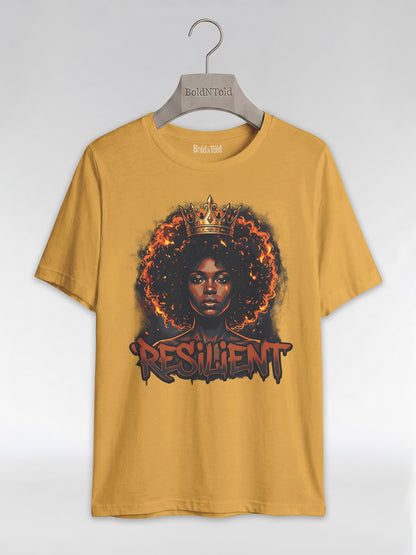 Resilient Black Queen: Fire Afro Crown Graphic T-Shirt - BoldnTold