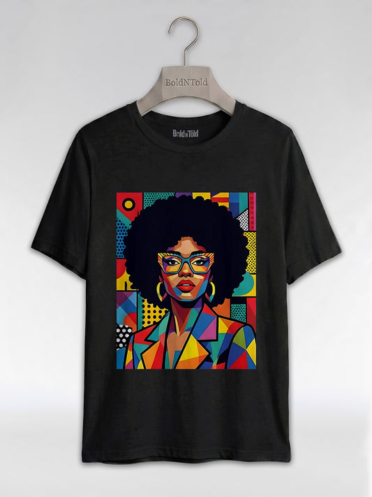 Black Queen Pop Art: Geometric Afro Portrait Graphic T-Shirt - BoldnTold