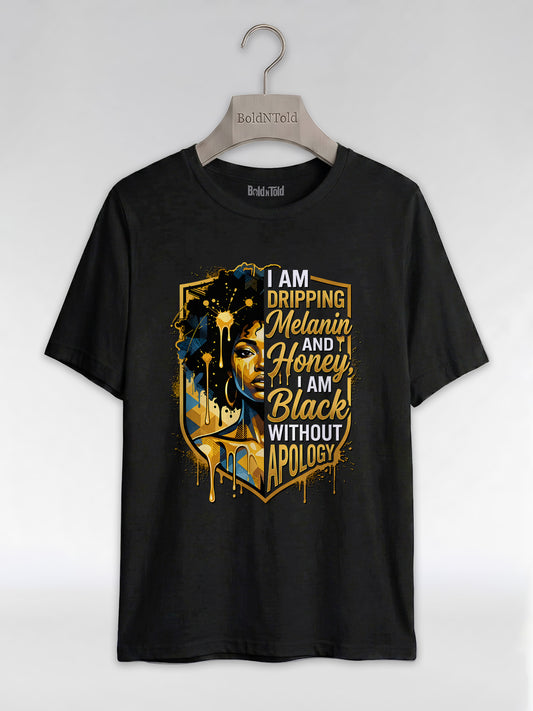 The Royal Shield: Dripping Melanin and Honey Black Queen Graphic T-Shirt - BoldnTold