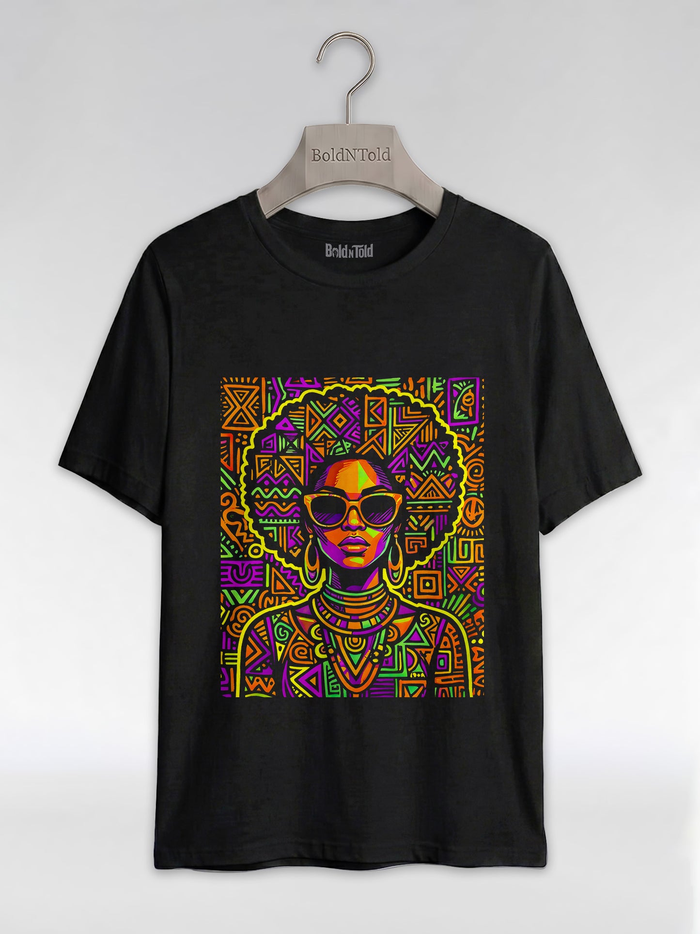 Neon Tribal Queen: Afrocentric Pop Art Black Woman Graphic T-Shirt - BoldnTold