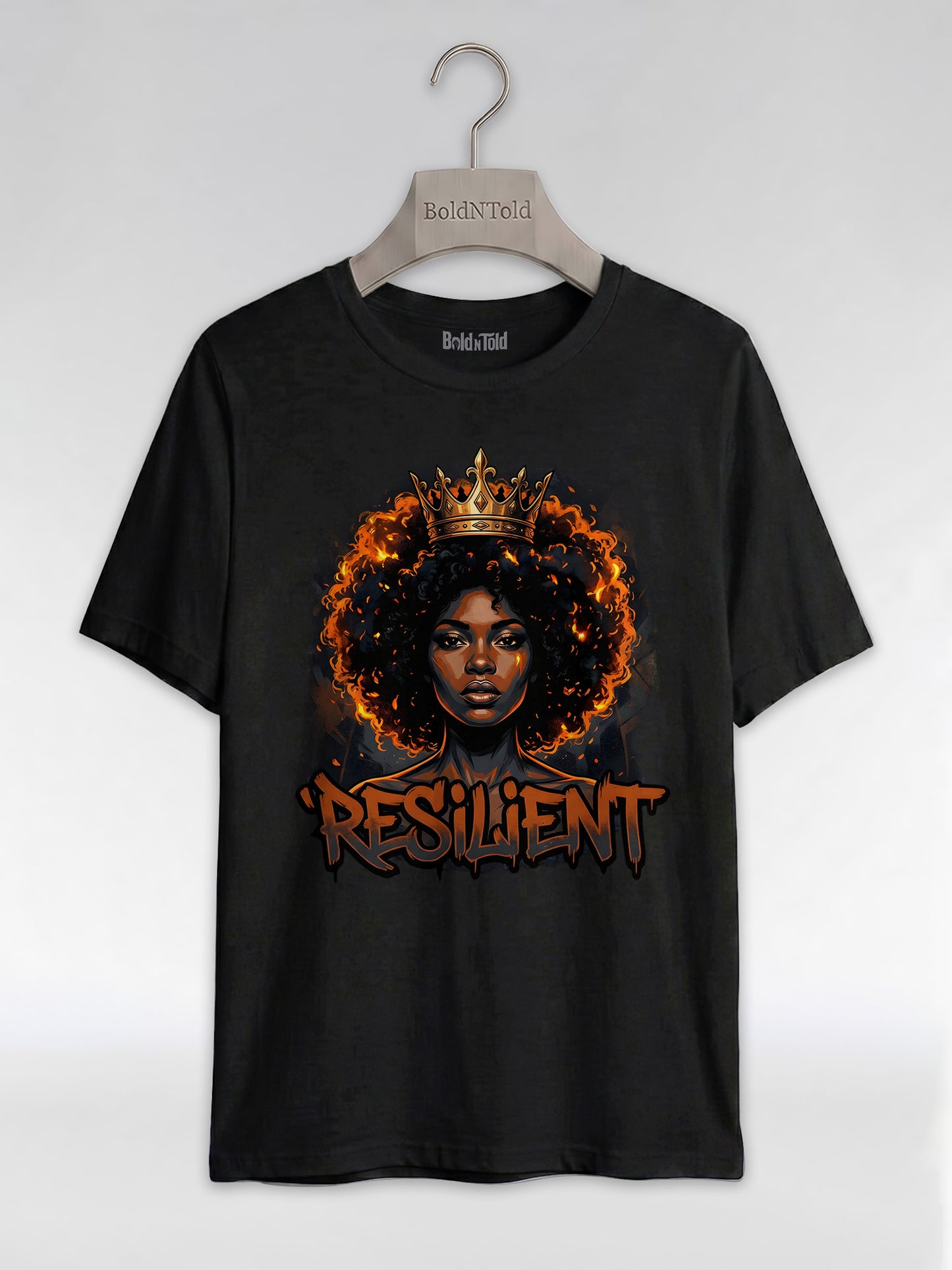 Resilient Black Queen: Fire Afro Crown Graphic T-Shirt - BoldnTold
