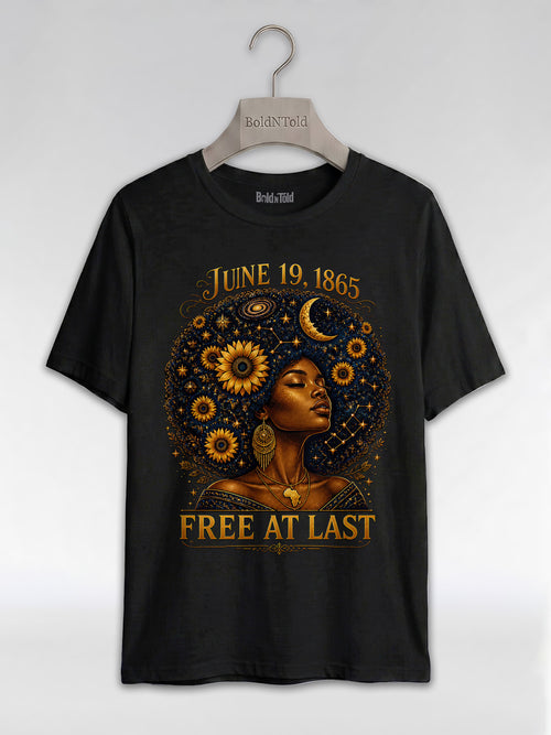 Free At Last Juneteenth: Celestial Afro Melanin Queen Graphic T-Shirt - BoldnTold