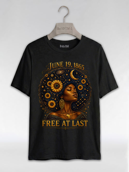 Free At Last Juneteenth: Celestial Afro Melanin Queen Graphic T-Shirt - BoldnTold