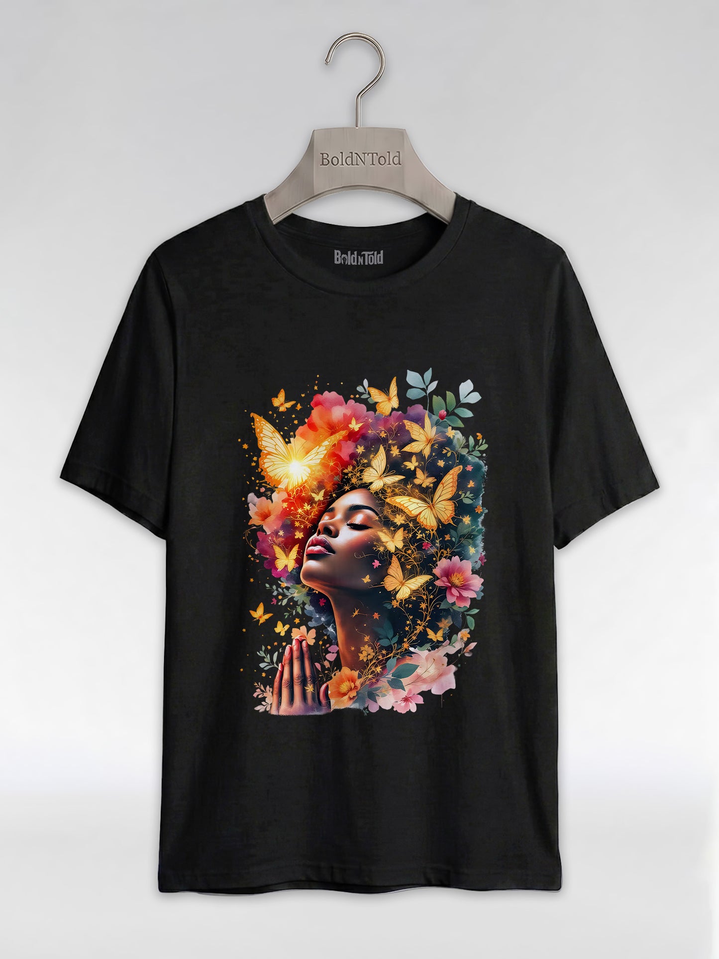 Praying Black Queen: Ethereal Floral Butterfly Graphic T-Shirt - BoldnTold