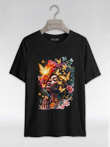 Praying Black Queen: Ethereal Floral Butterfly Graphic T-Shirt - BoldnTold