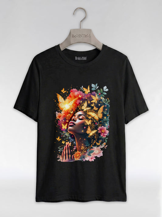 Praying Black Queen: Ethereal Floral Butterfly Graphic T-Shirt - BoldnTold