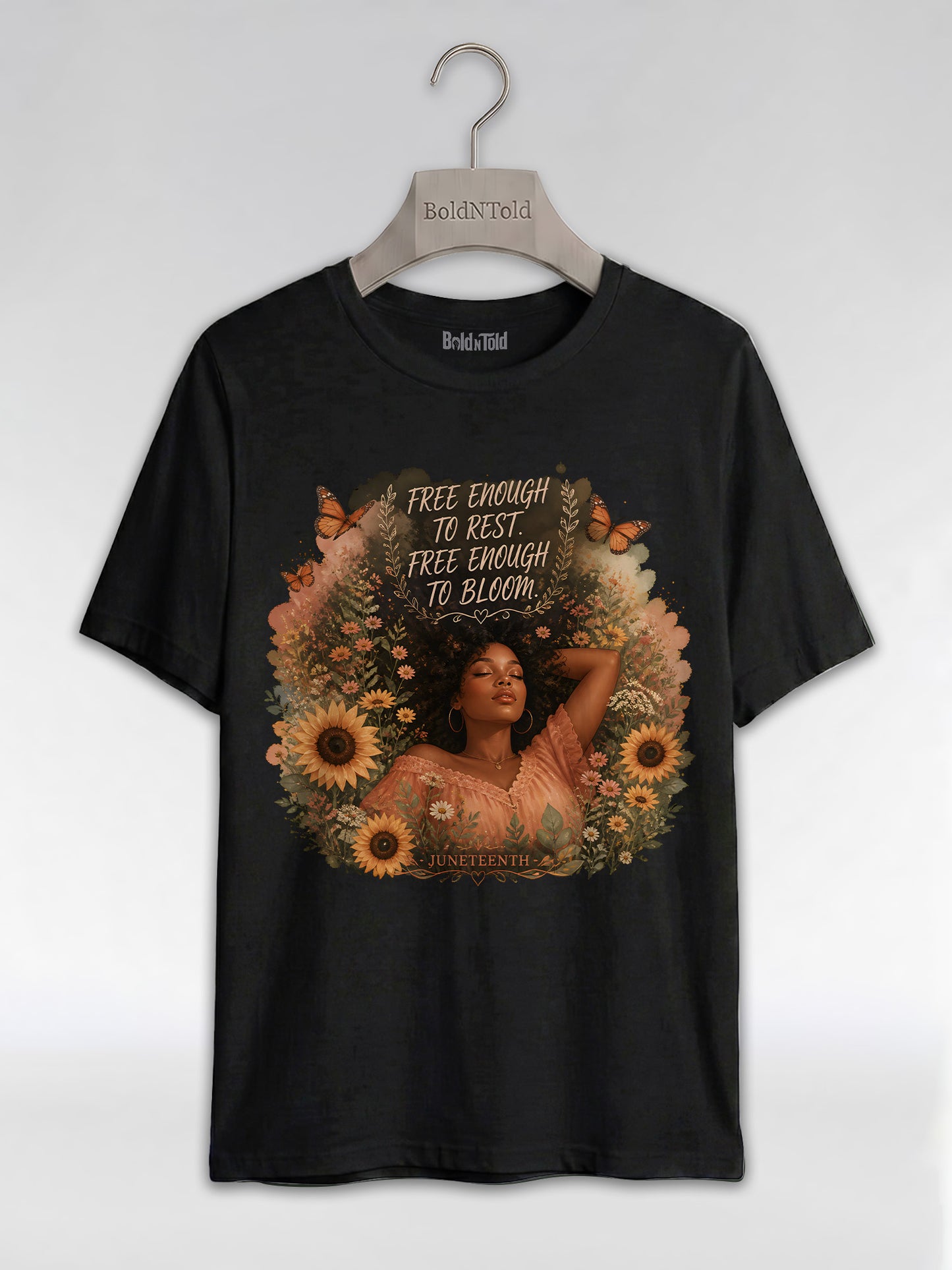 Free Enough To Rest: Juneteenth Floral Melanin Queen Graphic T-Shirt - BoldnTold
