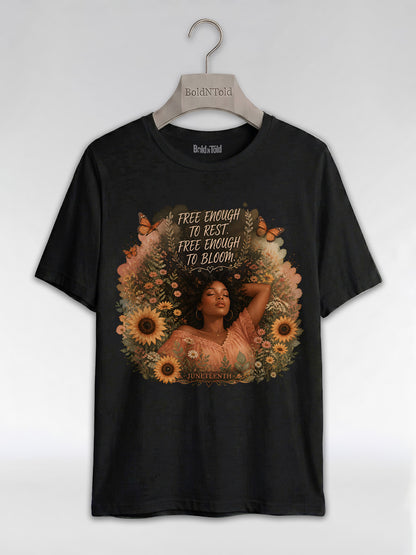 Free Enough To Rest: Juneteenth Floral Melanin Queen Graphic T-Shirt - BoldnTold
