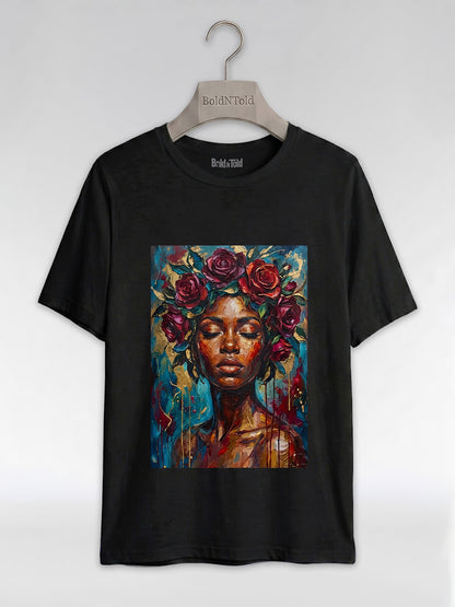 Painted Queen: Oil Painting Floral Black Woman Graphic T-Shirt - BoldnTold