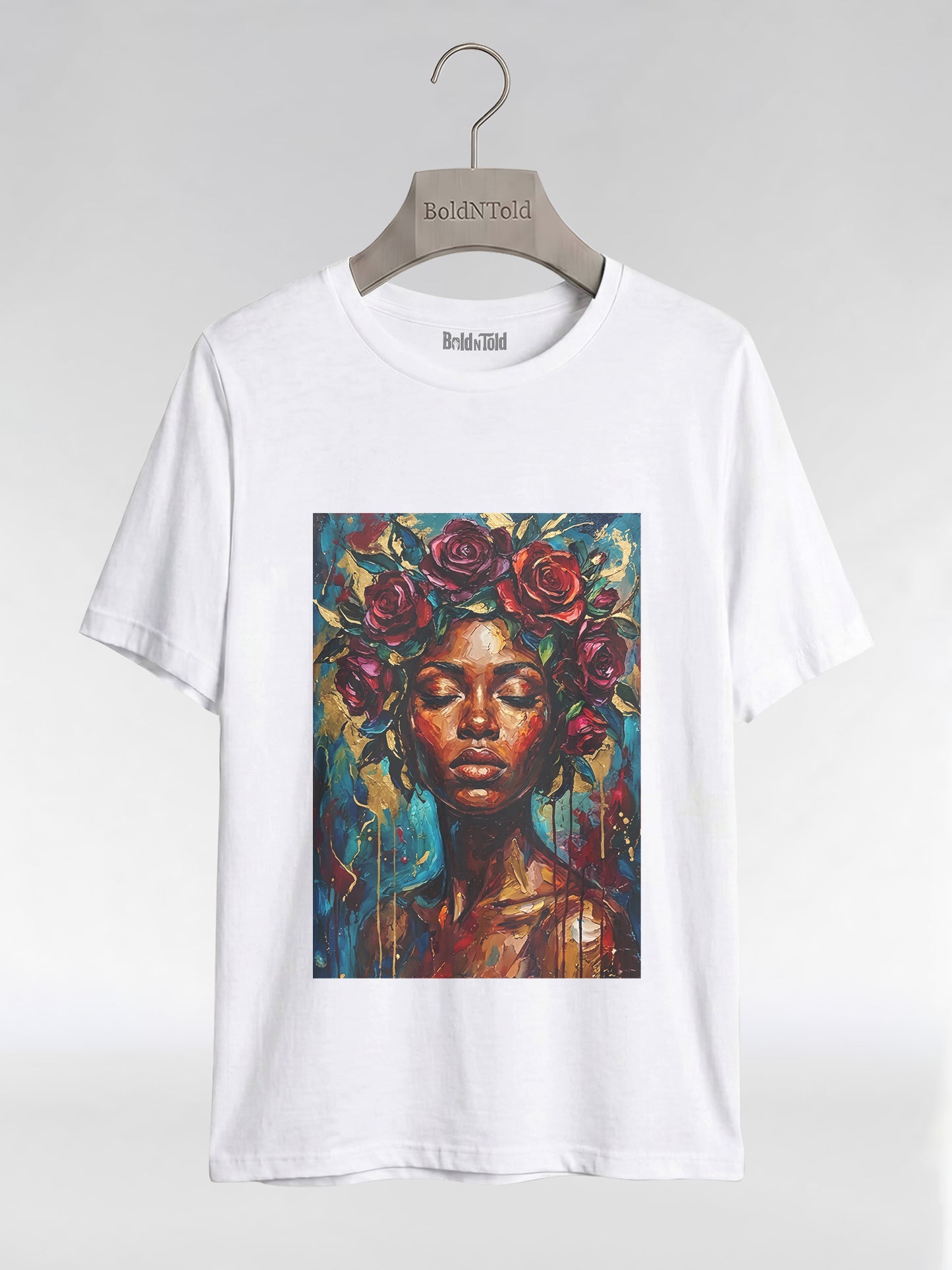 Painted Queen: Oil Painting Floral Black Woman Graphic T-Shirt - BoldnTold