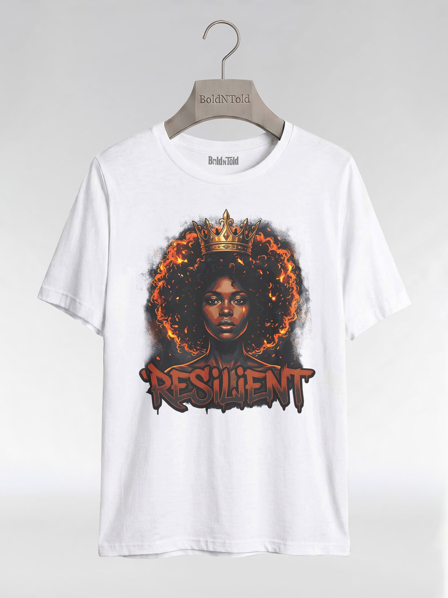 Resilient Black Queen: Fire Afro Crown Graphic T-Shirt - BoldnTold