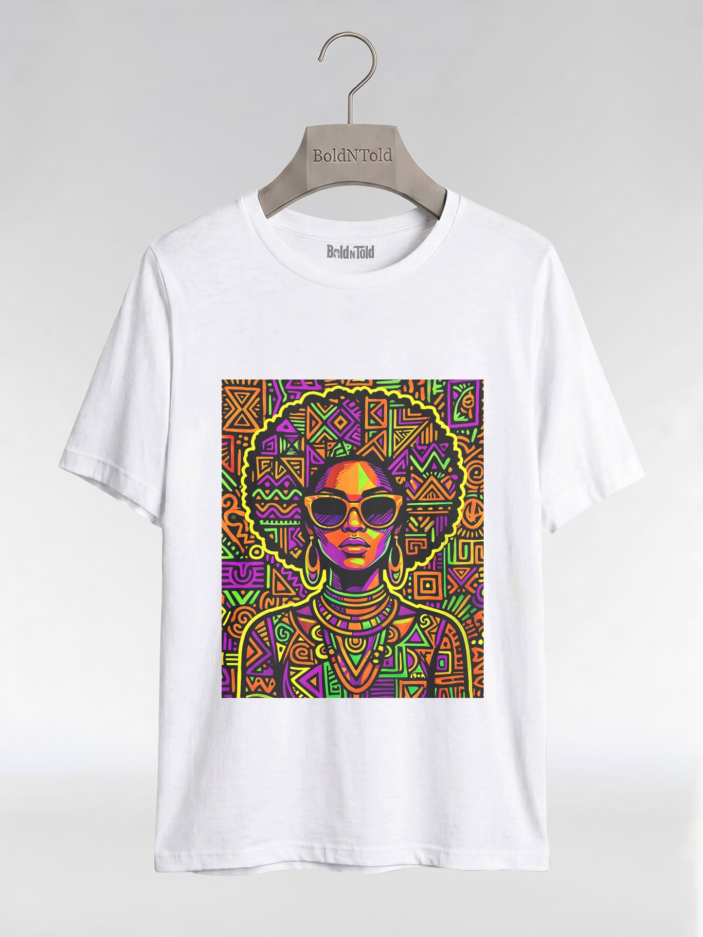 Neon Tribal Queen: Afrocentric Pop Art Black Woman Graphic T-Shirt - BoldnTold