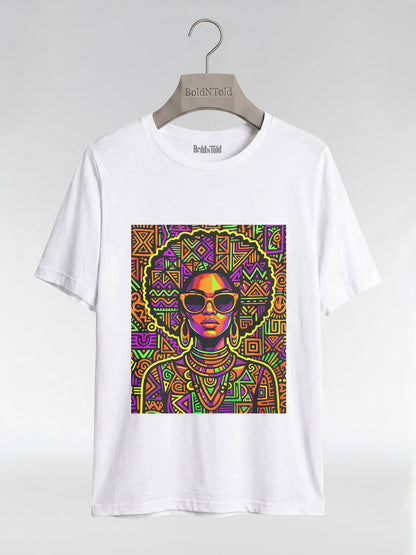 Neon Tribal Queen: Afrocentric Pop Art Black Woman Graphic T-Shirt - BoldnTold