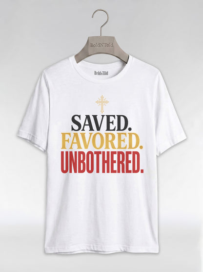 Saved Favored Unbothered T-Shirt: Christian Faith Graphic T-Shirt - BoldnTold