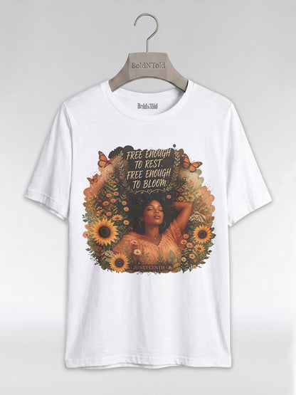 Free Enough To Rest: Juneteenth Floral Melanin Queen Graphic T-Shirt - BoldnTold