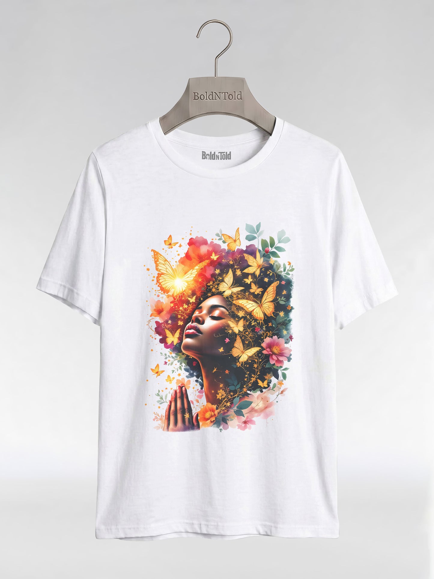 Praying Black Queen: Ethereal Floral Butterfly Graphic T-Shirt - BoldnTold