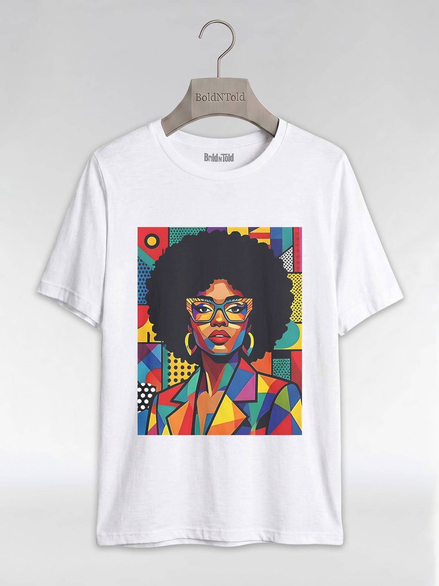 Black Queen Pop Art: Geometric Afro Portrait Graphic T-Shirt - BoldnTold