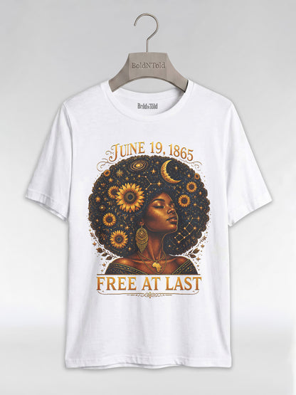 Free At Last Juneteenth: Celestial Afro Melanin Queen Graphic T-Shirt - BoldnTold